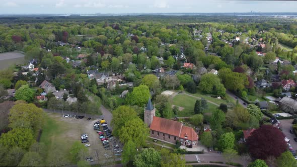 Blaricum Village Church in the Netherlands, Aerial view in forest area