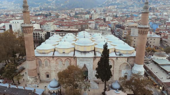 Aerial View of Bursa Historical Grand Mosque with Drone