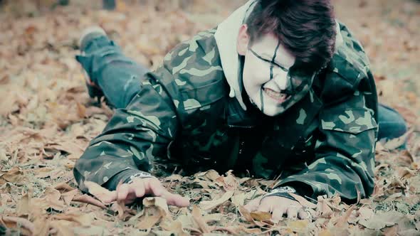 Injured Male Wearing Military Uniform Crawling, Zombie Escaping From Underworld