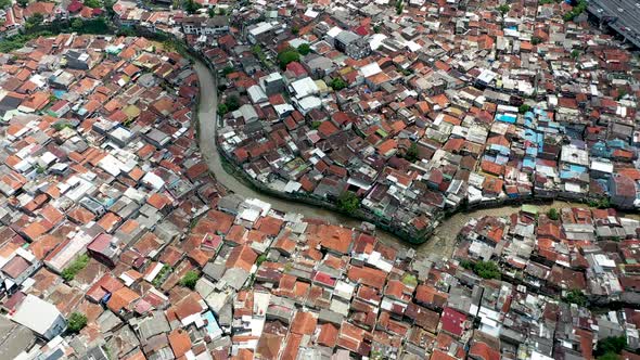 Pasupati bridge near a water canal in Bandung, West Java Indonesia, Aerial top view tilt down shot