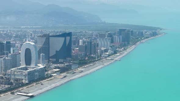 Batumi, Georgia - May 15 2022: Drone flies along new Batumi boulevard.