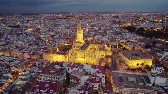 Flying Around the Famous Gothic Cathedral in Seville at Night Andalusia Spain