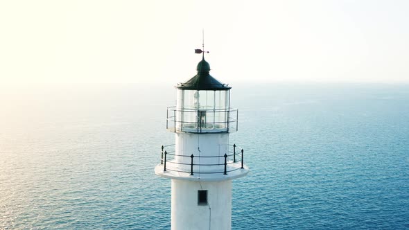 Aerial view of white lighthouse of island Lefkada.