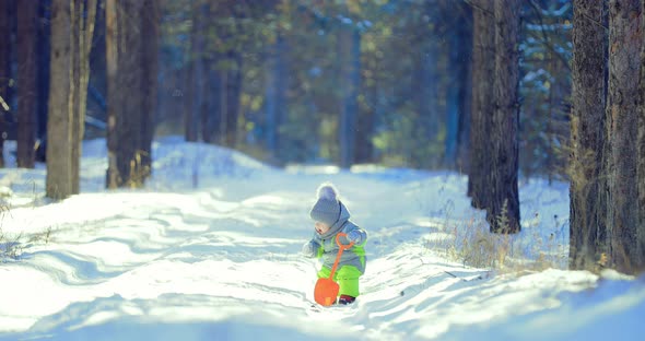 Little Boy is Eating Snow in the Winter Forest