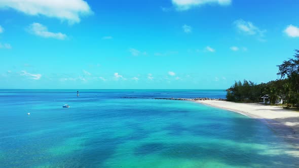 Wide angle birds eye copy space shot of a summer white paradise sand beach and aqua blue ocean backg