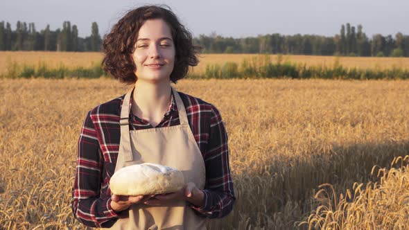 Woman Baker In Wheat Field Holds Loaf Of White Wheat Bread In Hands And Smiles. Healthy Lifestyle