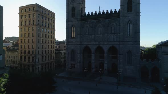 Aerial of Notre-Dame Basilica in Place d'Armes, Montreal