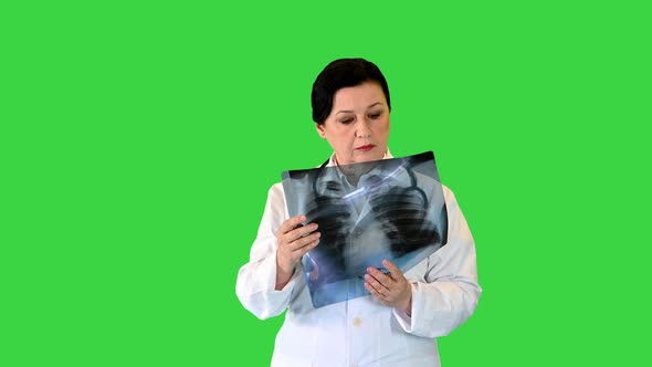Female Doctor Examining Lungs Xray While Walking on a Green Screen Chroma Key