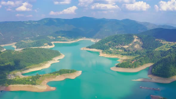 Aerial Panorama View at Curved Zaovine Lake in Tara Mountain in Serbia