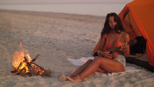 Woman with Ukulele Beach Summer Holiday Vacation