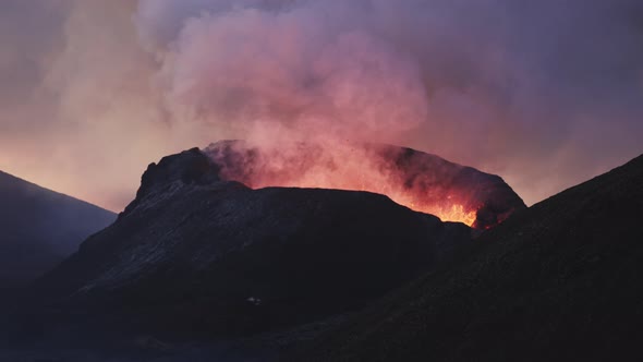 Molten Lava And Fire Erupting From Fagradalsfjall Volcano