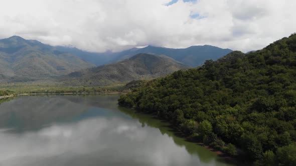 Large Mountain Lake, Mountains Beyond the Lake, Aerial View of Kvareli Lake in Georgia with