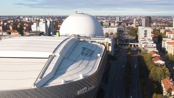 Tele2 Arena stadium or Stockholmsarenan and Ericsson Globe Building, Stockholm in Sweden. Aerial sid