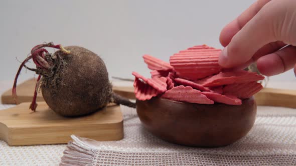 Bowl of Healthy Beet Chips Closeup