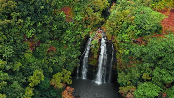 Bird's-eye view of a waterfall on a cliff among a dense forest at Opaekaa Falls, Kauai, Hawaii, USA