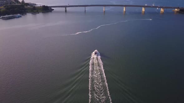 Aerial speed boat chasing and following by the drone at golden hour sunrise. Taren Point, Sydney Aus