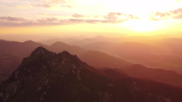 Beautiful Summer Mountain Landscape in the Glow of the Setting Sun Aerial View in