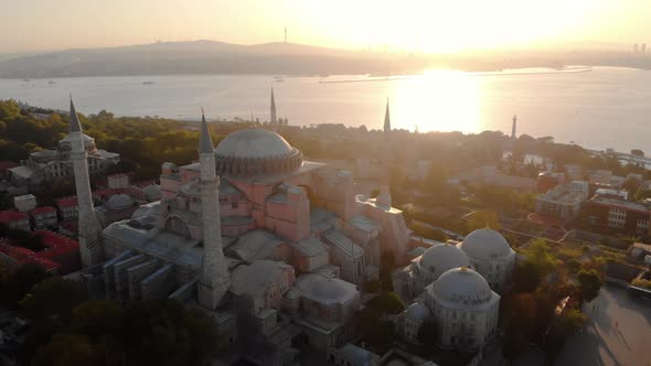 Hagia Sophia Holy Grand Mosque (Ayasofya Camii) with Bosphorus and city skyline on the background