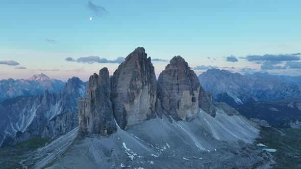 Slow-moving drone shoot of the famous three peaks (3 Zinnen - Tre Cime) in the Dolomites.