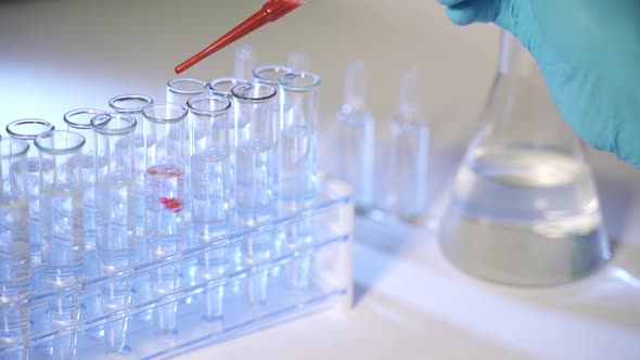 Dripping Blood Samples Into Test Tubes Closeup