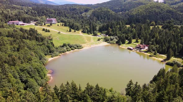 Aerial view of the Krpacovo reservoir in the village of Dolna Lehota in Slovakia