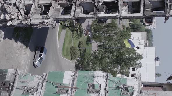 Vertical Video of the War in Ukraine  a Destroyed Building in Borodyanka