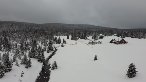 Drone shot of the Jizera Mountains in the Czech Republic. Winter