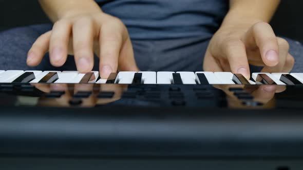 Male Musician Playing Synthesizer Keys Piano Playing Close Up