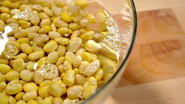 Cooking Peruvian Canary beans. Soaking in a glass bowl. Movement water in slow motion