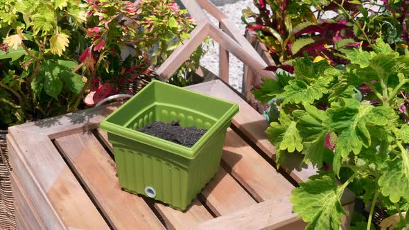 Woman Hand in Glove Putting Soil in Green Flower Pot with Iron Trowel at Garden