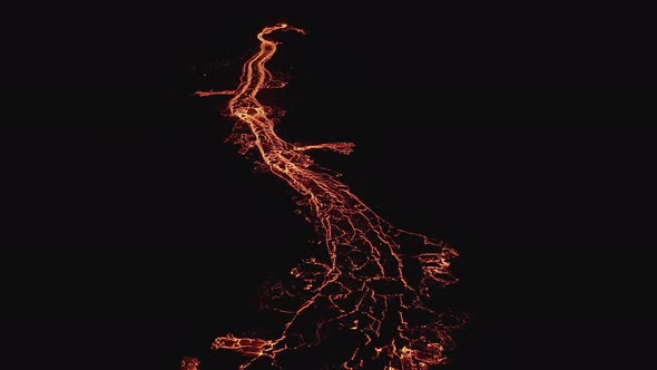 Drone Over Moving River Of Molten Lava From Erupting Volcano