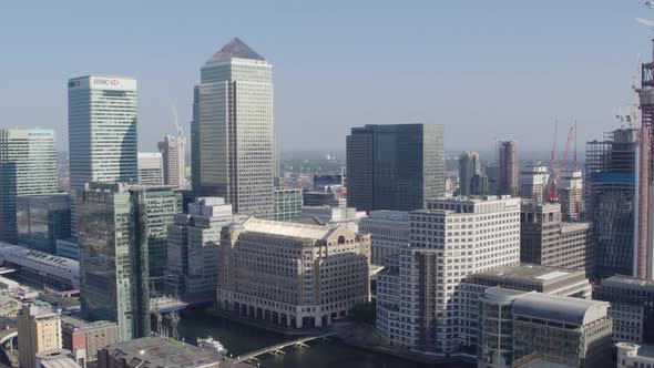 Elevated aerial view of financial skyscrapers in Canary Wharf in East London