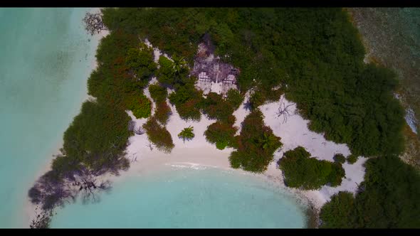 Aerial drone nature of marine coast beach trip by blue ocean with white sand background of a picnic 