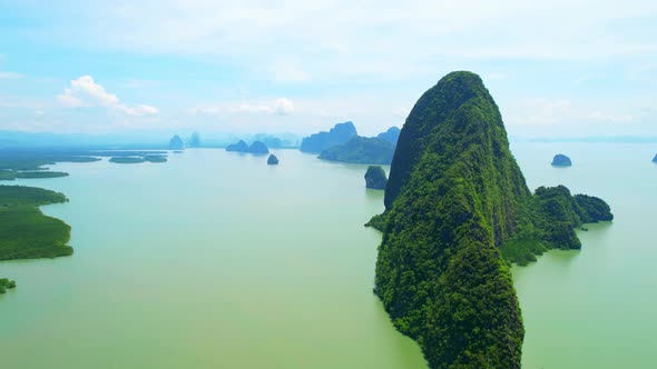 Aerial view from a drone over many islands at Phang Nga Bay