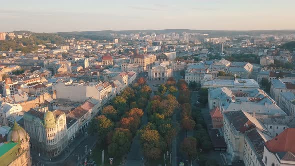 Aerial City Lviv, Ukraine. European City. Popular Areas of the City. Lviv Opera