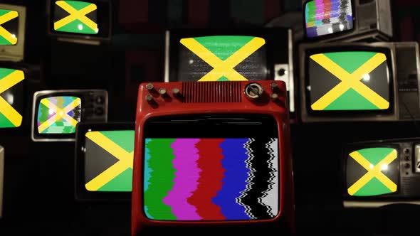 National Flag Of Jamaica and Old Retro Televisions.