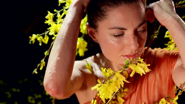 Beauty of Woman and Flowers Portrait of Pretty Lady with Wet Hair and Dress Romantic Art Shot