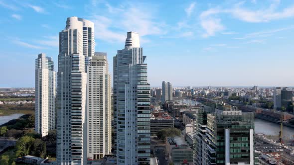 Aerial pull out view of skyscrapers at Puerto Madero, Buenos Aires, revealing the cityscape