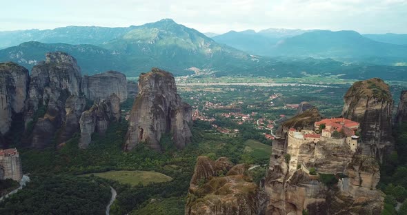 Aerial View Of The Mountains And Meteora Monasteries In Greece