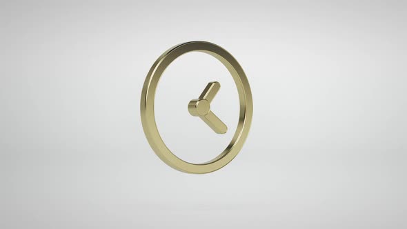 Golden Icon. Clock Rotate Around it Axis on a White Studio Background. Seamless Loop.