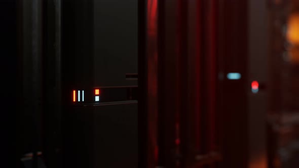 Futuristic Dark Data Center with Metal and Lights