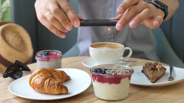 Man Hands Taking Photos Of Breakfast Food With Smartphone