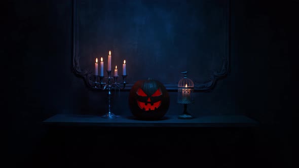 Scary laughing pumpkin and an old skull over the frightening gothic background.