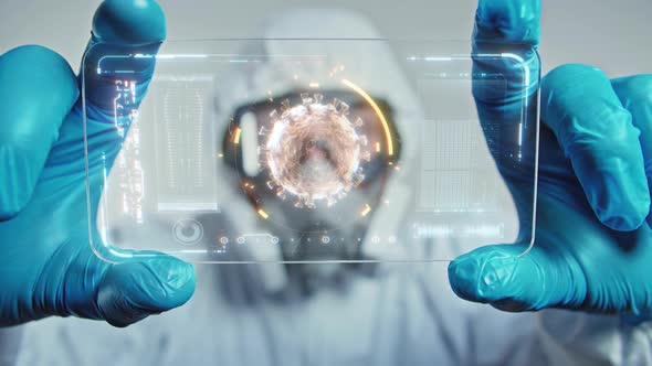 Virusologist Is Holding Transparent Display with 3D Animated Rotating Coronavirus alt