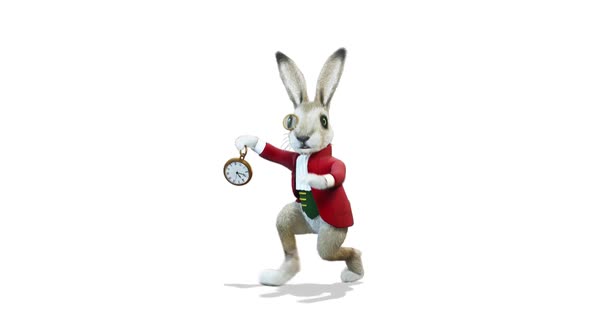 Rabbit Running Late With A Clock on White Background