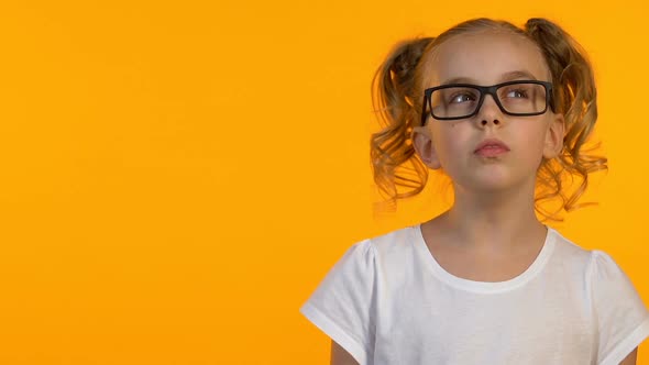 Clever Female Kid in Glasses Having Idea, Knowledge Curiosity, Template, Closeup