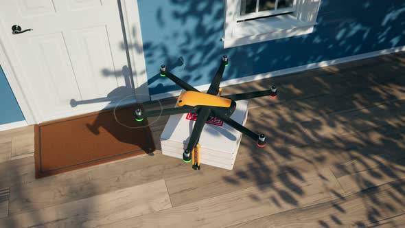 Hexacopter drone delivering ordered pizza directly to the door. Render 4k