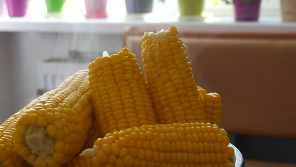 Boiled Corn in a Large Bowl in the Home Kitchen