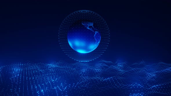 Artistic infographics binary numbers tunnel and Earth globe rotation. Technology Network alt