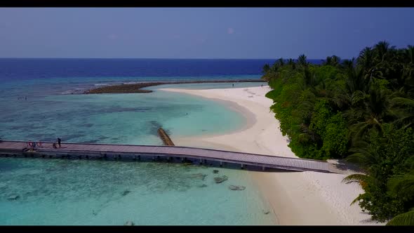 Aerial drone shot tourism of perfect island beach voyage by aqua blue ocean with white sand backgrou